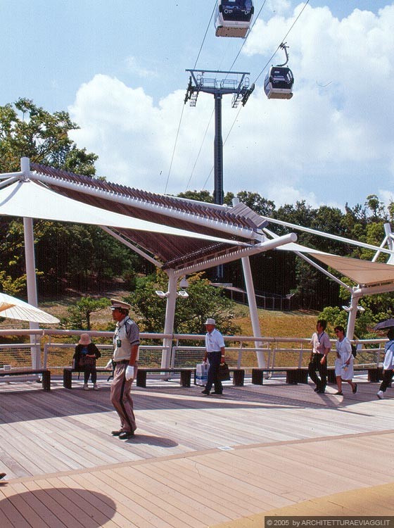EXPO AICHI 2005 - Il Global Loop e in alto il sistema di teleferica che collega il Global Common 4 con i Padilgioni della zona 