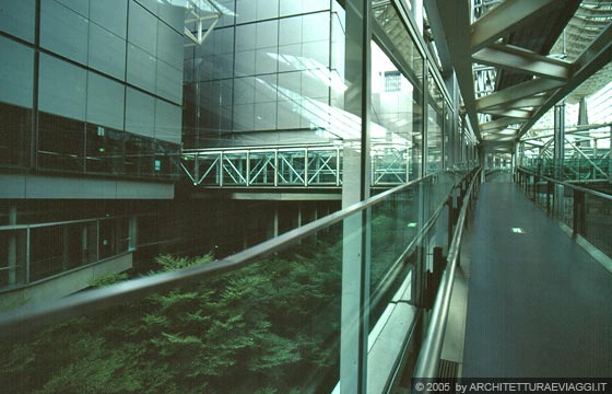 TOKYO CENTRO - Tokyo International Forum - Il cortile alberato separa i due edifici del Forum collegati da passerelle aeree ai piani superiori