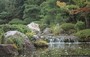 TAIZO-IN-TEMPLE. Giardino di passaggio con stagno di Nakane Kinsaku: tre piani di cascatelle in una ordinata macchia di arbusti