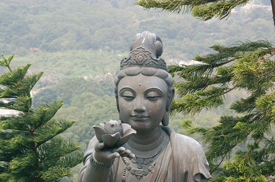 MONASTERO DI PO LIN - Il volto sereno di una statua in bronzo di bodhisattva mentre offre un fiore al Buddha