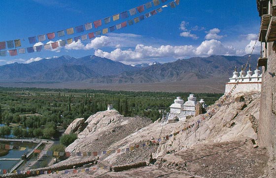 LADAKH - HIMALAYA - Shey Gompa - tipico paesaggio del Ladakh: dallo Shey Gompa sono visibili in primo piano gli stupa buddhisti e le svolazzanti preghiere colorate del monastero, il verde fondo valle e sullo sfondo le catene montuose caratteristiche della regione 