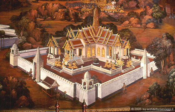 BANGKOK - Affreschi nella galleria Ramakien, il portico intorno al Wat Phra Kaeo