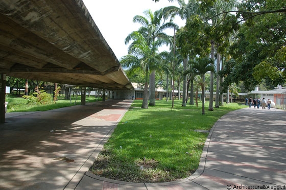 UNIVERSITA' CENTRALE DEL VENEZUELA - Percorsi coperti, piante, pavimentazioni esterne, evidenziano l'attenzione alla cura del contesto attraverso una mirata progettazione urbanistica e paesaggistica del campus