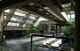 UCV CARACAS. Mensa Universitaria - piano superiore: patii con alte piante e copertura con finestre a nastro schermate che lasciano filtrare la luce naturale all'interno