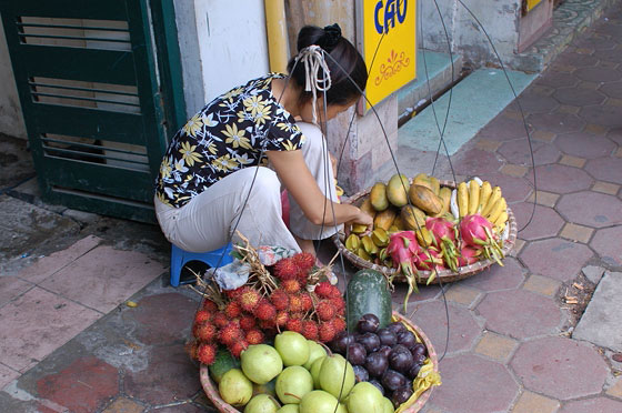 HANOI - Una venditrice con golosi cesti di frutta tropicale